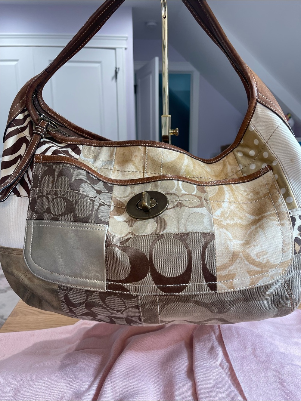 Coach Patchwork Hobo Shoulder Bag in Brown, Tan and Cream